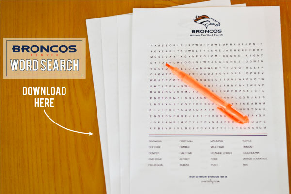 For my fellow Denver fans, here's a Broncos Ultimate Fan Word Search. Download, print and use as entertainment for your football party. Let's Go Broncos!
